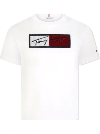 Tommy Hilfiger Junior Teen Sequin-logo Crewneck T-shirt In White