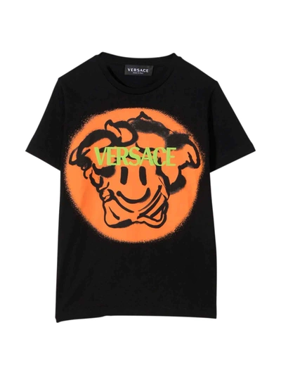 Versace Black T-shirt With Orange Print Kids In Multicolor