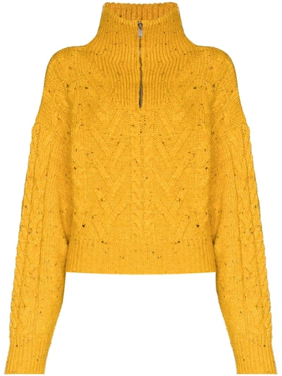 Ganni Cable-knit Wool Zip-front Jumper In Yellow & Orange