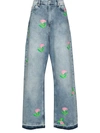Natasha Zinko Blue Rose-print Wide-leg Jeans In Blau