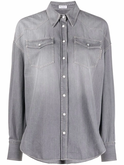 Brunello Cucinelli Distressed Buttoned Denim Shirt In Grey