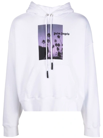 Palm Angels Man White Oversize Hoodie With Palms Graphic Print