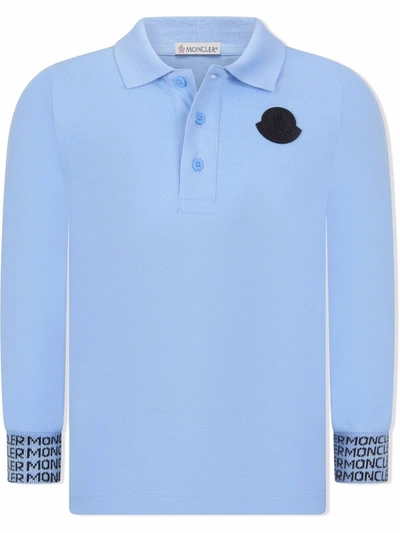 Moncler Kids' Logo-patch Long-sleeve Polo Shirt In Blue