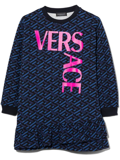 Versace Monogram Logo Cotton Sweatshirt Dress In Blue