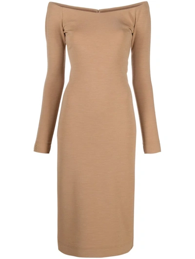 Fendi Off-shoulder Sheath Dress In Beige