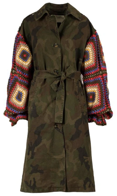 Tu Lizé Camouflage Fabric Trench Coat With Crochet Sleeves In Toni Verde
