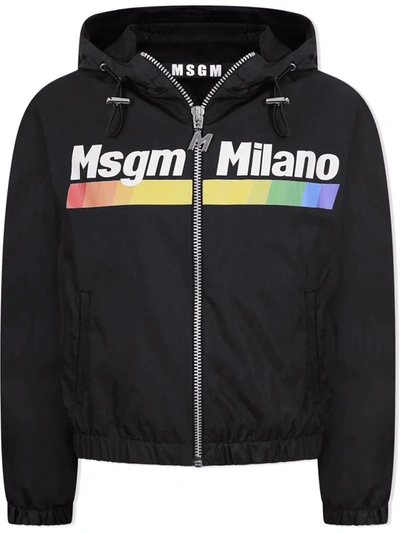 Msgm Kids' Logo-print Hooded Rain Jacket In Black