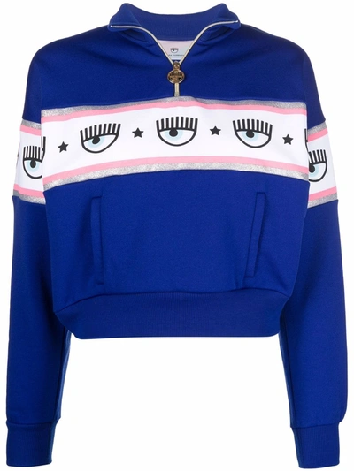 Chiara Ferragni Maxi Logomania Cotton Sweatshirt With Zip In Blue