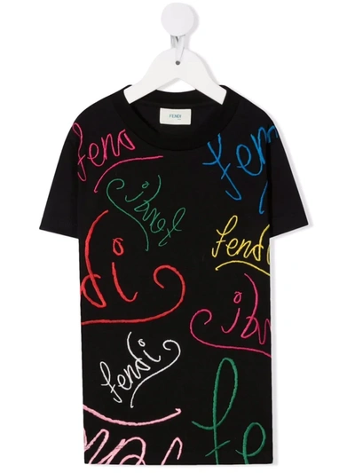 Fendi Kids' Embroidered-logo T-shirt In Black