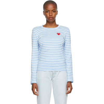 Comme Des Garçons Play Striped Heart Patch Long Sleeve T-shirt In Blue