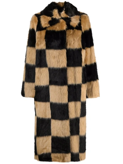 Stand Studio Nino Long Checkerboard Faux Fur Coat In Multi