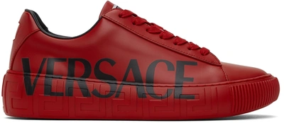 Versace Men's Logo Leather Low-top Sneakers In Scarlet Black