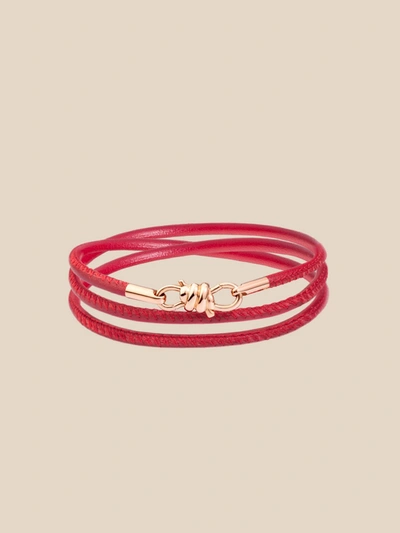 Dodo 9 Kt Rose Gold Knot Bracelet With Burgundy Leather Strap In Red
