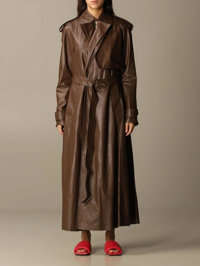 Bottega Veneta Leather Oversized Belted Trench Coat In Brown