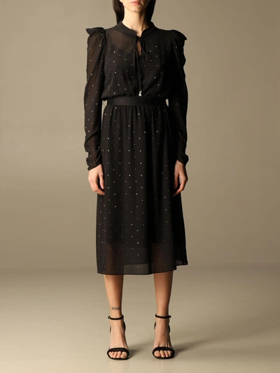 Patrizia Pepe Long Dress With Micro Rhinestones In Black