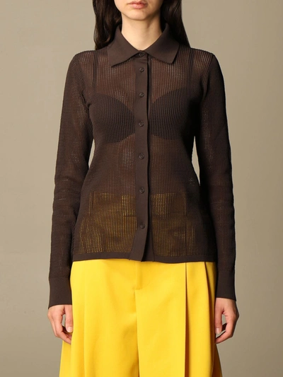 Bottega Veneta Shirt In Mesh And Technical Cotton In Brown