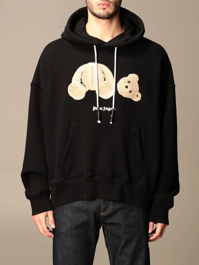 Palm Angels Hooded Sweatshirt In Cotton With Bear Print In Black