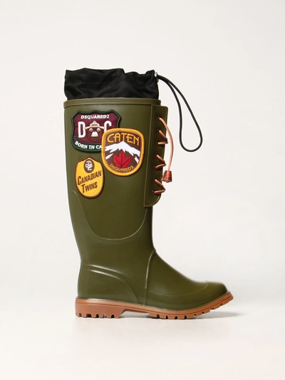 Dsquared2 Rubber Rain Boots W/ Patches In Military Green