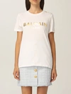 Balmain Cotton Tshirt With Laminated Logo In White