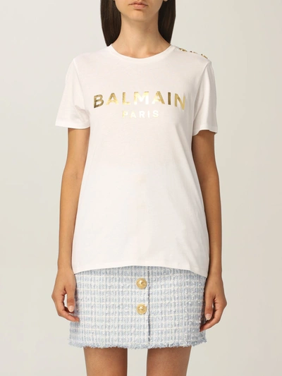 Balmain Cotton Tshirt With Laminated Logo In White