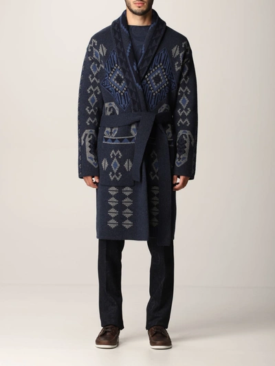 Etro Belted Intarsia Cardigan In Blue