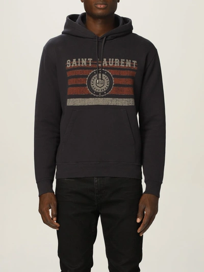 Saint Laurent Charcoal Hooded Printed Cotton Sweatshirt In Grey