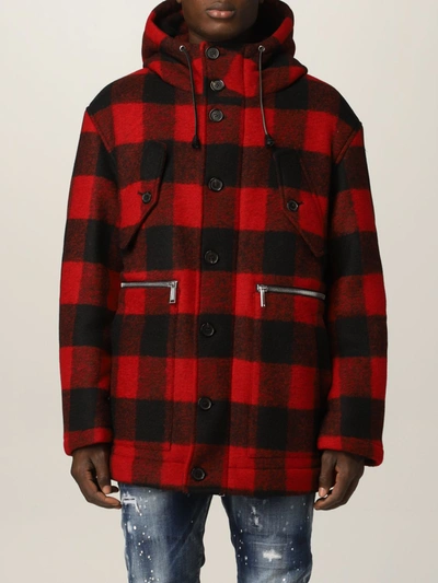 Dsquared2 Checked Single-breasted Coat In Red