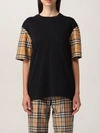 BURBERRY COTTON TSHIRT WITH CHECK SLEEVES,347676002