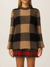 Red Valentino Cotton Sweater With Beige And Black Macro Vichy Pattern In Camel