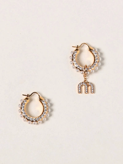 Miu Miu Asymmetrical Earrings With Crystals And Pearls In Gold