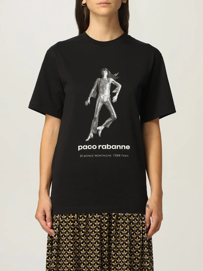 Paco Rabanne Cotton Tshirt With Print In Black