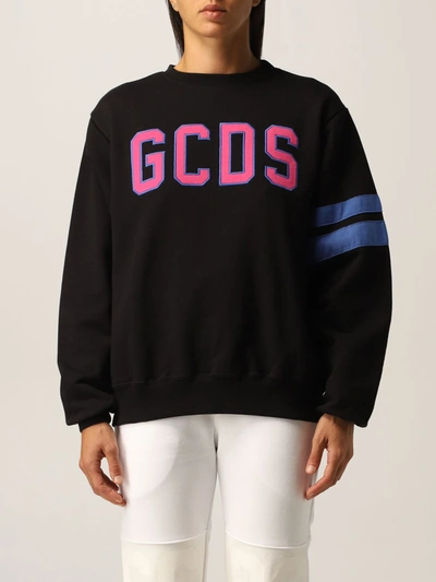 Gcds Black Cotton Sweatshirt With Contrasting Logo Print