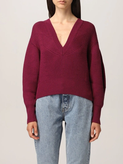 Iro Vneck Sweater In Merino Wool In Burgundy