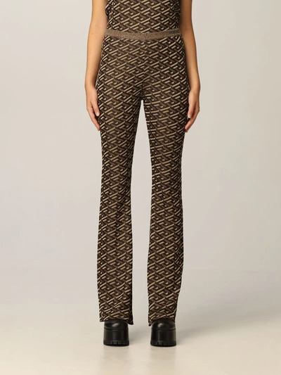 Versace Viscose Blend Flared Pants  With Monogram Print In Brown