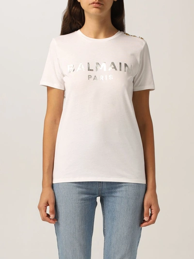 Balmain Cotton Tshirt With Laminated Logo In White 1