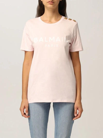 Balmain Cotton Tshirt With Logo In Pink