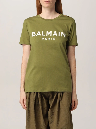 Balmain Cotton Tshirt With Logo In Military