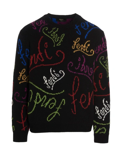 Fendi Multicolor Embroidery Crewneck Sweater In Black