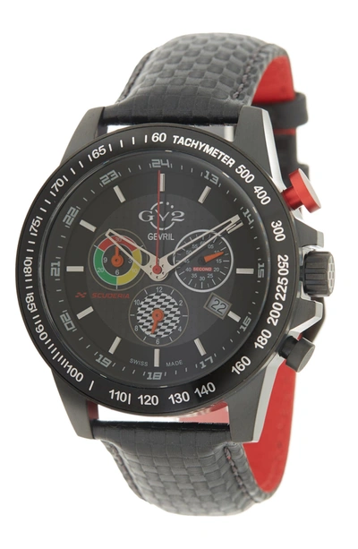 Gevril Gv2 Scuderia White Dial Black Leather Chronograph Date Watch, 45mm In Black/black/black