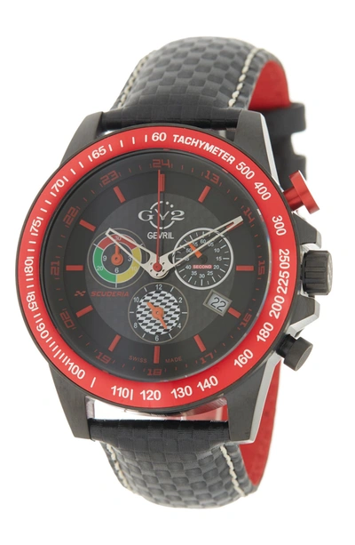 Gevril Gv2 Scuderia White Dial Black Leather Chronograph Date Watch, 45mm In Black/black
