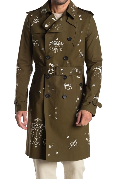 Valentino Doodle Trench Coat In Olive/bianco