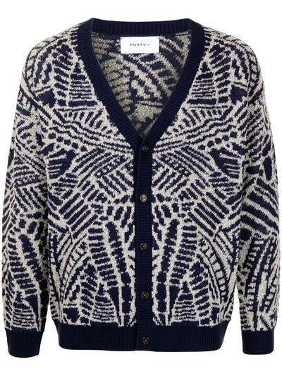 Ports V Abstract-pattern Cardigan In Blau