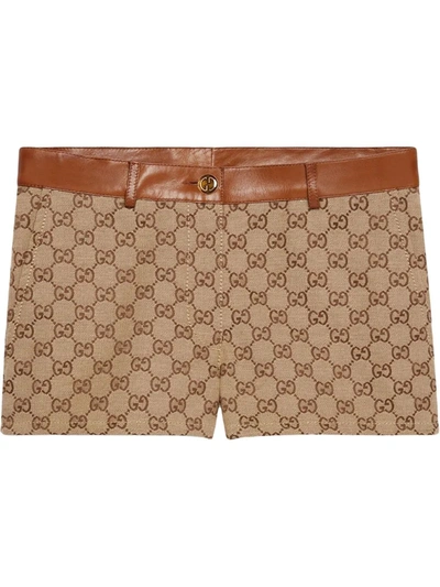 Gucci Gg Jacquard Textile And Leather Shorts In Nude & Neutrals