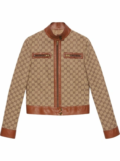 Gucci Love Parade Gg Leather Trim Canvas Jacket In Beige
