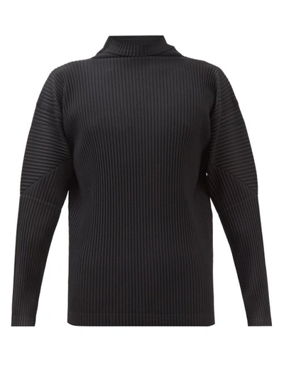 Issey Miyake Roll-neck Pleated-jersey Long-sleeved Top In Navy Blue