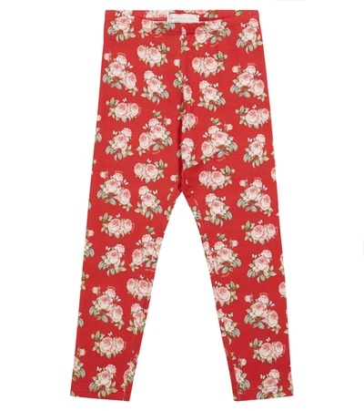 Monnalisa Kids' Rose-printed Cotton Leggings In Red