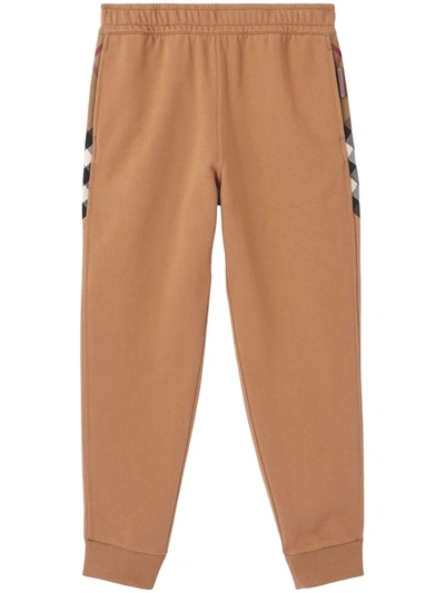 Burberry Check Panel Cotton Jogging Pants Camel In Neutrals