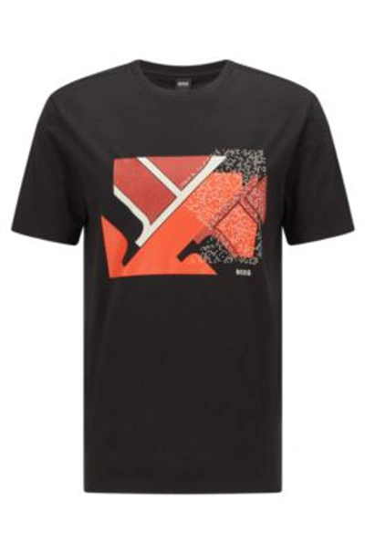 Hugo Boss Cotton Blend T Shirt With Flag Inspired Artwork In Black