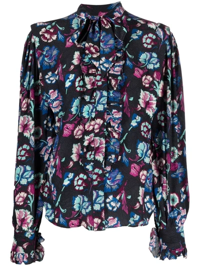Isabel Marant Valentine Floral Silk Blouse In Faded Night