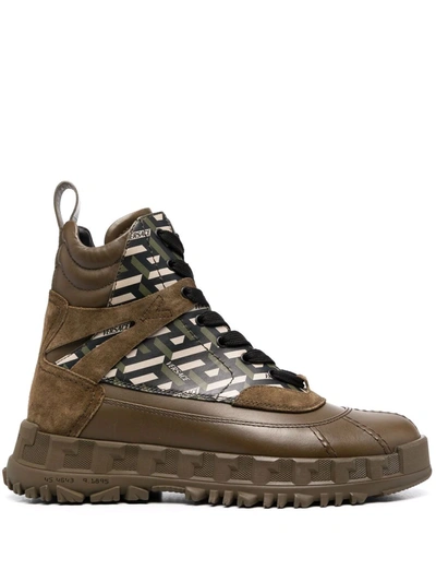 Versace La Greca High-top Leather And Suede Trainers In Brown Multicolor